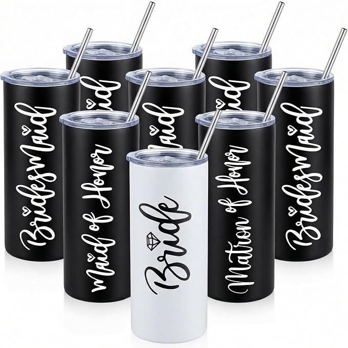 Sabary Bride Gifts Bridesmaid Tumblers Set of 8, 20 oz Insulated Bride Stainless Steel Wine Tumbler Bulk Maid of Honor Mugs with Lid and Straw for Wedding Engagement Party Gifts (White, Black)