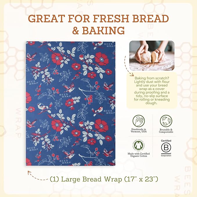 Bee's Wrap Beeswax Wraps for Bread - Beeswax Bread Wrap for Sourdough & Bread Storage - Plastic Free Made in USA Reusable Natural Food Wrap - Botanical