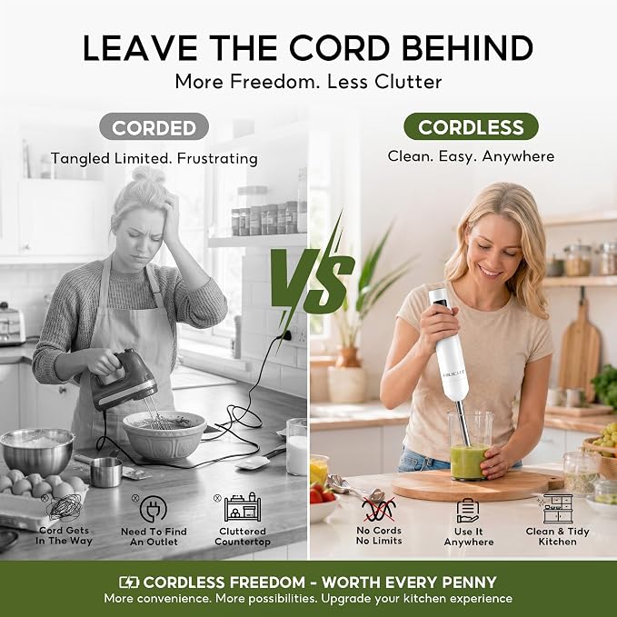 Cordless Immersion Blender, 3-in-1 Hand Blender with Charger | Blend Anywhere: Wall Charger, Brushless Motor, Whisk & Frother, 60+ Bowls, Smoothies, Soup, Baby Food