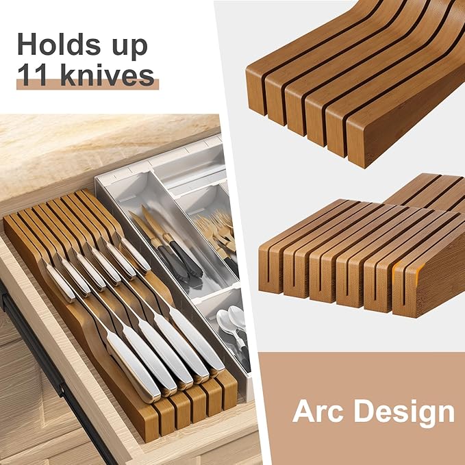 In-Drawer Knife Block Organizer - Bamboo Wood Drawer Knife Organizer-Protecting Knife Organizer Block (Not Included) (Brown, 11 Knives Dock)