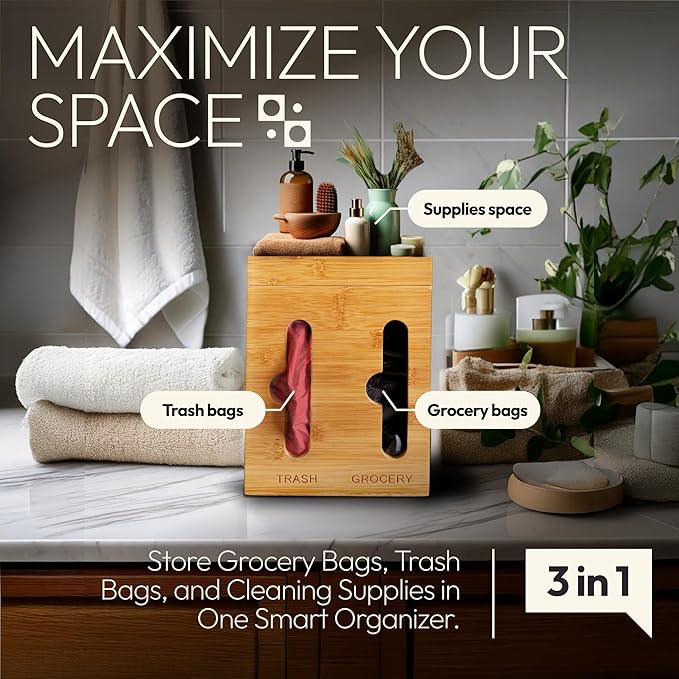 Under Sink Organizer for Kitchen Cabinet - Bamboo Trash Bag Dispenser & Bag Holder – Pantry Organizer & Garbage Roll Holder for Cleaning Supplies, Apartment Essentials & Home Organization