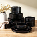 18-Piece Plates and Bowls Set, Porcelain Dinnerware Sets for 6 Service, Modern Dish Set with Rust-Red Rim, Chip and Scratch Resistant, Dishwasher & Microwave Safe, Black