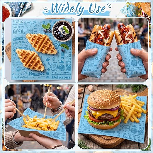 Outus 600 Pcs 12 x 12 Inch Deli Wax Paper Sheets Grease Resistant Tray Basket Liners Newsprint Paper Water and Grease Proof Sandwich Wrapping Square Hot Dog Wrapper for Food Baking (Light Blue)