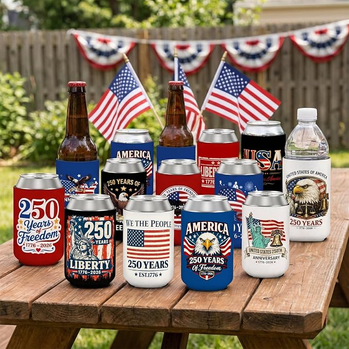 12 Pack 250 Years America Can Cooler Sleeves, Vintage 250th Anniversary USA Patriotic Neoprene Drink Holder for Memorial Day Independence Day 4th of July Party Favors Decorations Gifts