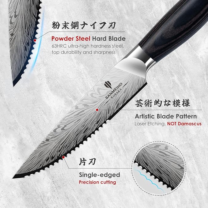 Steak Knives Set of 6, Ultra Sharp 4.5 Inch High Hardness Powder Steel Steak Knife Set, Serrated Steak Knives with Ergonomic Pakkawood Handle Japanese Knives for Steak, Bread and Butter