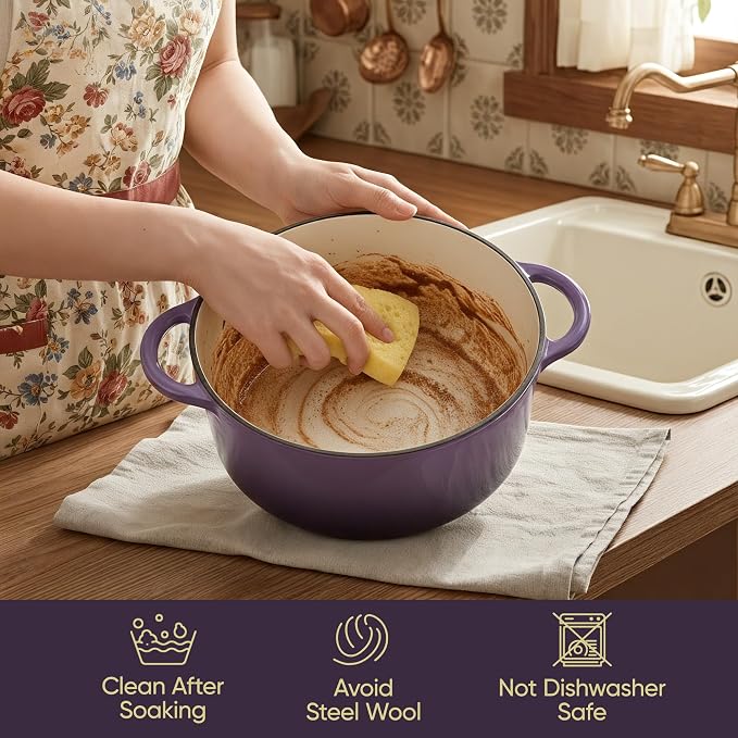 4.5 Quart Dutch Oven Pot with Lid, Non Stick Enameled Cast Iron Dutch Oven for Bread Baking, Heavy-Duty, Oven Safe Ceramic Cookware Up to 500°F for Baking, Braising, Stews, Roasting, Purple