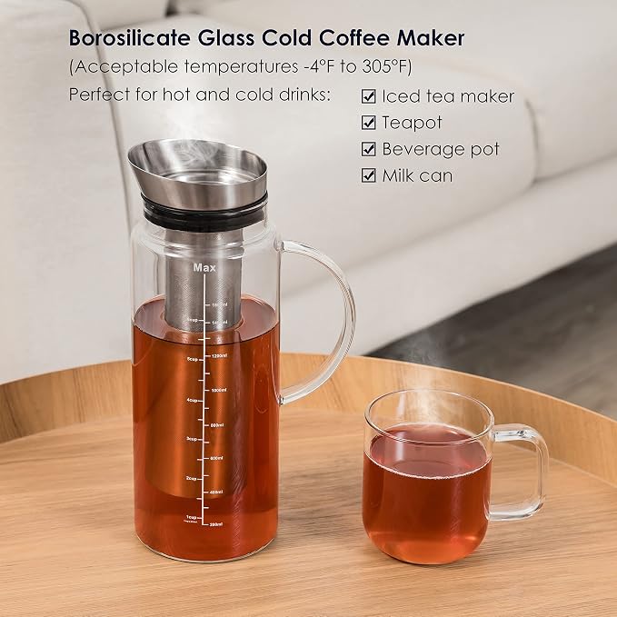 Aquach 51oz Cold Brew Coffee Maker, Borosilicate Glass Pitcher for Iced Tea | Dishwasher Safe, Family Size, Up to 2 Weeks Fresh Aroma, Refrigerator Fit, 304 Stainless Filter