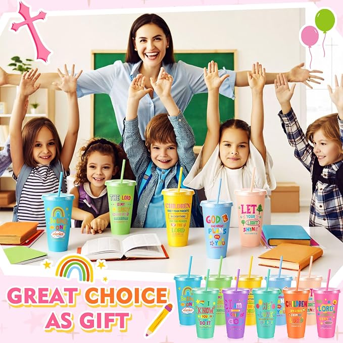 Uiifan 50 Pcs VBS Christian Cups Bulk for Kids, Religious Plastic Tumblers with Bible Verses, Sunday School and Church Gifts, Reusable Cups with Lids and Straws (Pastel)