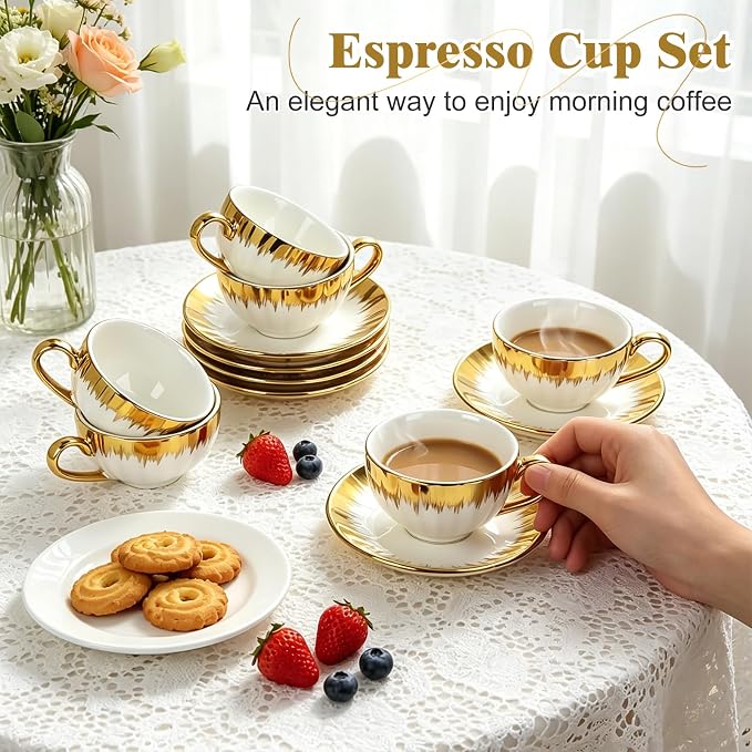 Espresso Cups with Saucers, 3.5 OZ Gold Ceramic Coffee Cup Set of 6, Demitasse Coffee Cup for Double Shot, Latte, Cafe Mocha and Tea, Dishwasher & Microwave Safe (Gold Trim-04)
