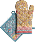 Maison d' Hermine 100% Cotton Oven Mitt & Pot Holder Set (7.5"x13" & 8"x8") Heat Resistant BBQ Cooking Gloves with Loop Baking Grilling Kitchen Gifts for Mothers Day Spring/Summer (Marquise)