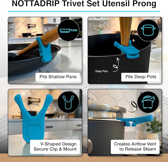 Nottadrip Silicone Spoon Rest for Stove Top - Kitchen Spoon Rest for Countertop, Ladle Holder, All in 1 Serving Station, Elevate Handles, Drip to Tray, Mess Free - 5PC Trivet Set - Blue