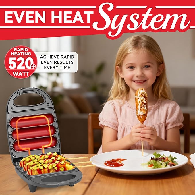SugarWhisk Electric Corn Dog Maker, Fryer for 3 Mini Corn Dogs on Stick, Cheese Mozzarella Sticks & Treats, Corndog Maker Machine, Hot Dog Machine, Brush Included, Graphite