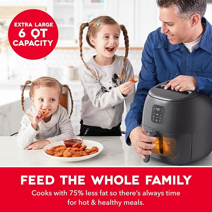 Dash 6QT Infrared Digital Air Fryer - Safe Ceramic Nonstick, Basket Style, Viewing Window, Custom Presets & Auto Shake Reminder - Dishwasher Safe Parts, 6 Quart Family-Size Air Fryer