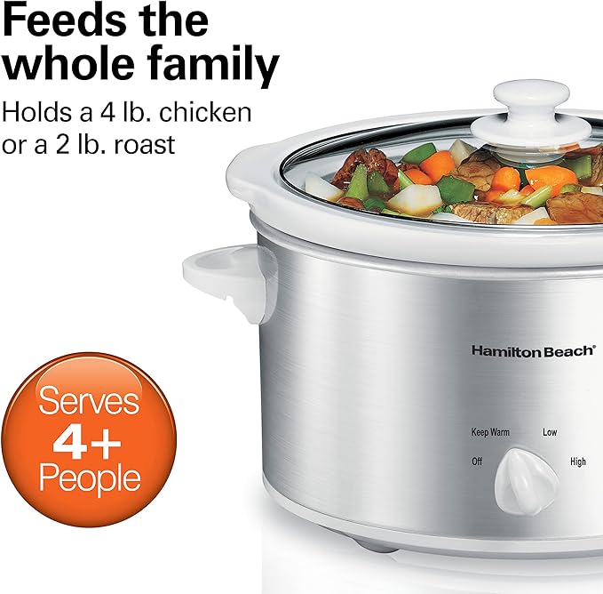 Hamilton Beach 4-Quart Slow Cooker with 3 Cooking Settings, Dishwasher-Safe Stoneware Crock & Glass Lid, Stainless Steel (33140G) | Dishwasher-Safe Stoneware Crock & Glass Lid | Stainless Steel | 33140G