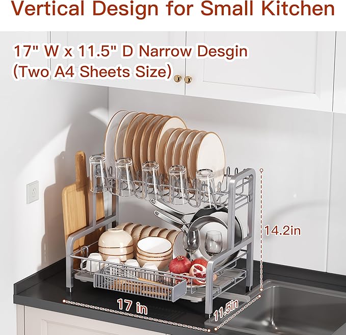 2 Tier Dish Drainer Drying Rack for Kitchen Counter, Large Stainless Steel Dishes Dryer with Drainboard, Space Saving, Big Rustproof Metal Modern Countertop Plates Strainer with Utensil Holder, Sliver