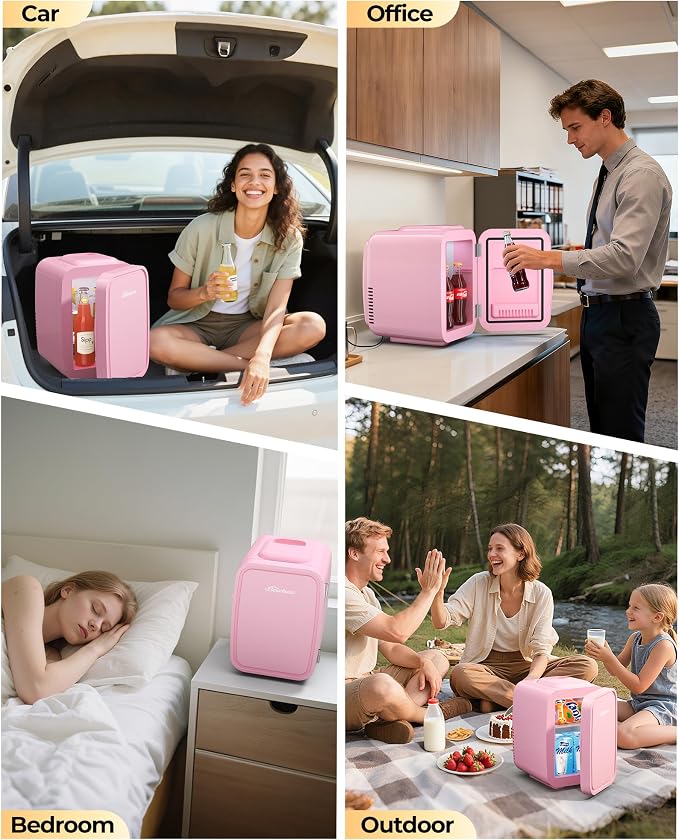 BEICHEN Mini Fridge, 4 Liter/6 Can Portable Refrigerator for Bedroom Office Dorm Car– Fast Cooling, Low Noise, 100-125V AC/5-12V USB Small Compact Refrigerator for Skincare, Food, Drinks(Pink)