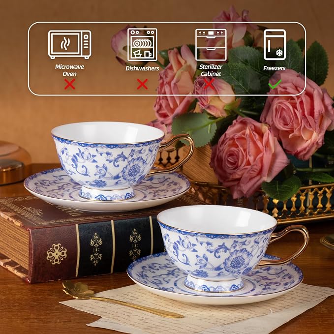 KAMMAK Tea Cups and Saucers Set of 2, Porcelain Coffee Cups, Stackable Espresso Mugs, Ceramic Demitasse for Coffee, Cappuccino, Latte, Americano, Tea, Enamel - Blue