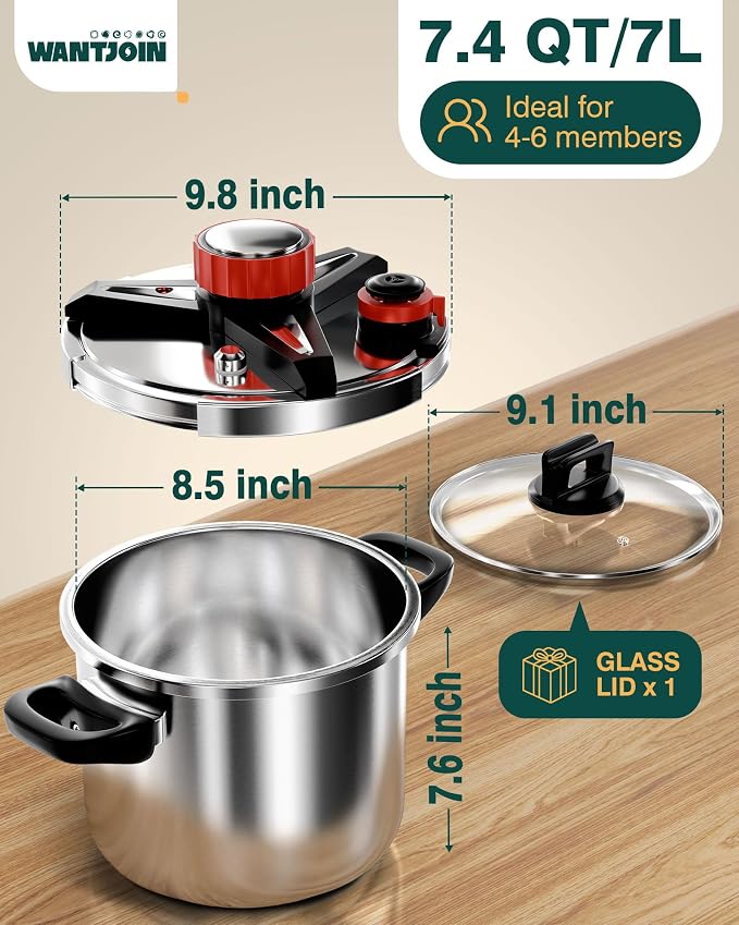 WantJoin 8Qt Pressure Cooker - 3-In-1 Stainless Steel Pressure Canner Compatible with Gas & Induction Cooker,Protective Devices,Canner Rack Included