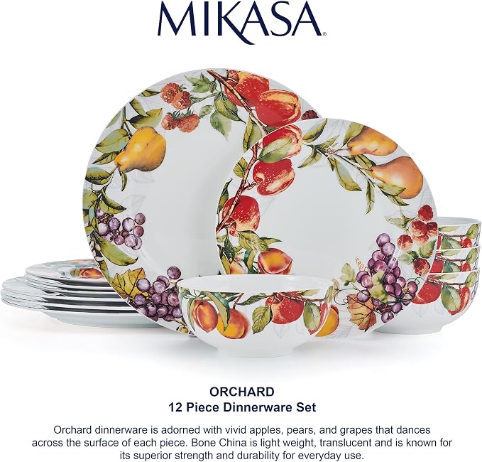 Mikasa Orchard Bone China Lightweight Chip Resistant 12 Piece Dinnerware Set, Service for 4