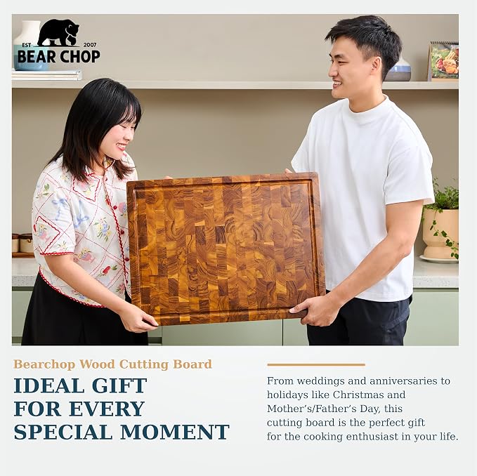 Bearchop Acacia Wood Cutting Board for Kitchen, Wooden Butcher Block with 4-Side Reinforced Bar for Anti Crack/Warp, [17"x13"x1"] Medium End Grain Cutting Boards with Gift Box, Juice Groove, Handle