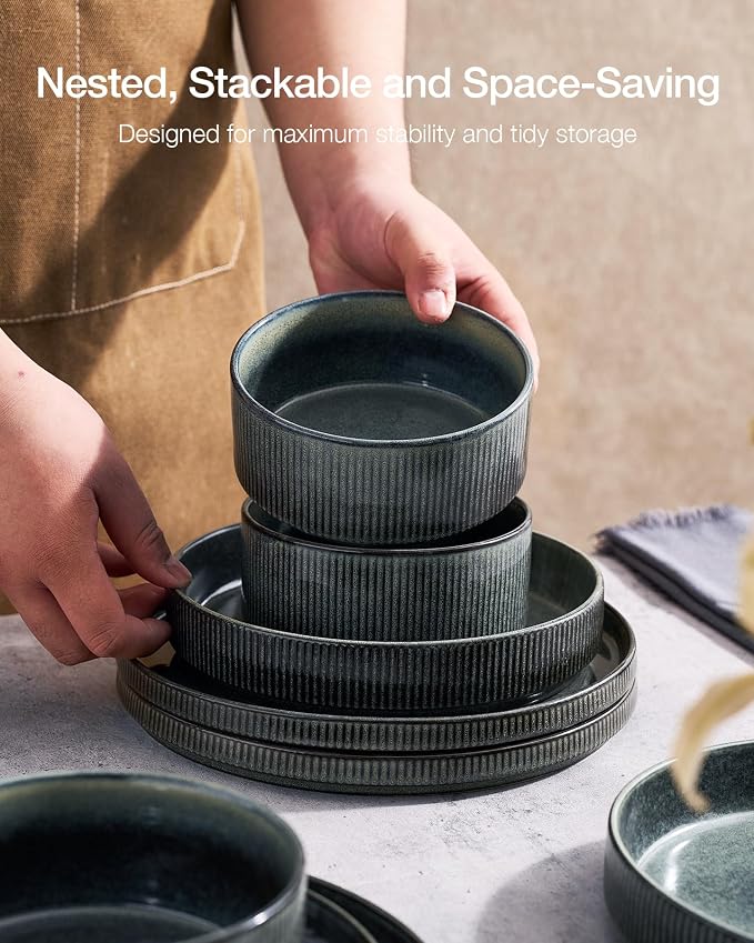Famiware Star 16-Piece Stoneware Dinnerware Set, Service for 4, Reactive Glaze Mugs, Plates and Bowls, Dishes with Trim, Modern Rustic, Chip/Scratch Resistant, Microwave/Dishwasher Safe, Deep Forest
