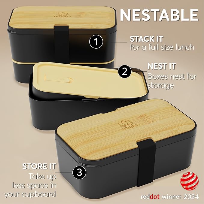 Umami Bento Box All-in-1 w/ 4 Utensils, 100% Leakproof, Dishwasher & Microwave Safe Lunch Containers for Adults w/ 4 Compartments, Black & Tan, 50 oz