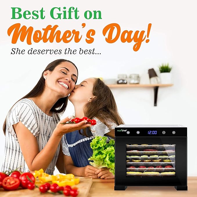 NutriChef Electric Countertop Food Dehydrator Machine - 600-Watt Premium Multi-Tier Meat Beef Jerky Maker Fruit/Vegetable Dryer w/ 6 Stainless Steel Trays, Digital Timer,Temperature Control NCDH6S , BLACK