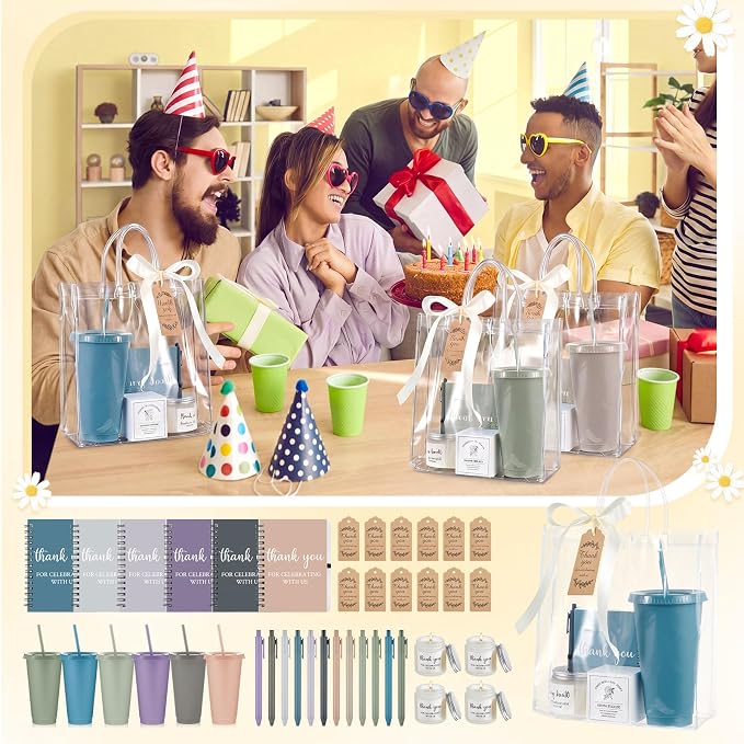 Nuogo 12 Sets New Parent Shower Prizes for Player Winners Adult, Wedding Bridal Shower Gift, Plastic Tumbler Notebook Scented Candle Ballpoint Pen Bag (Light Morandi Color,Classic Style)