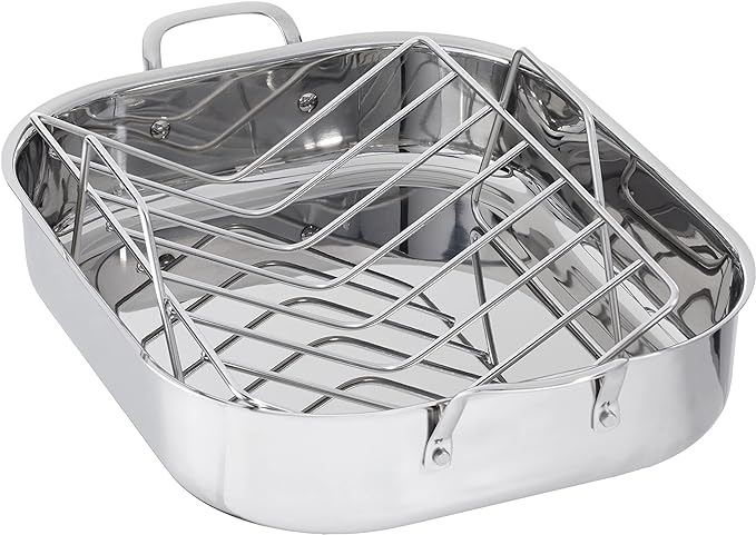 Amazon Basics Stainless Steel Rectangular Roasting Pan with Rack, Turkey Roaster, Dishwasher Safe, Easy to Clean, Oven Safe, 16 in