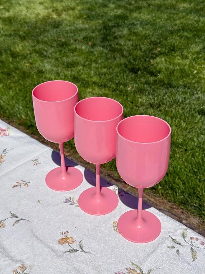 FOX & GRAPES Plastic Stemmed Wine Glasses | Unbreakable/Shatterproof, Reusable, Food Safe, Dishwasher Safe, For Birthday and Party, 16oz (Pink, Set of 12)