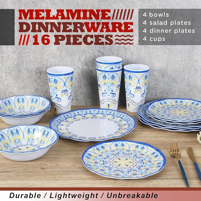 Melamine Dinnerware Set for 4-16 Pcs:Camping Dishes Set with Dinner Plates,Salad Plates, Bowls and Cups.Lightweight and Unbreakable.Indoor and Outdoor Use.
