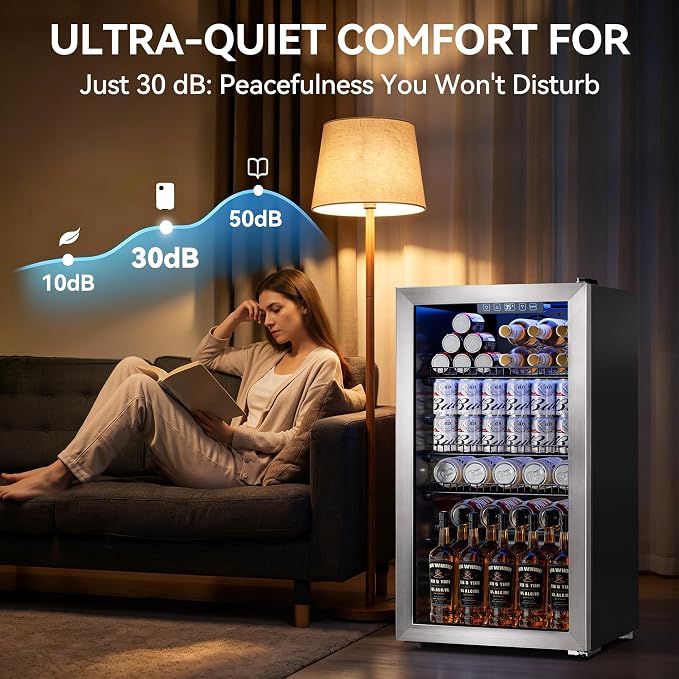 Tehanld 3.2 Cu.Ft Beverage Fridge, Mini Fridge With Glass Door, Beverage Cooler Refrigerator, Wine Drink Beer Fridge, Adjustable Shelves & Digital Temperature Display, 26 Bottle 128 Can, Silver