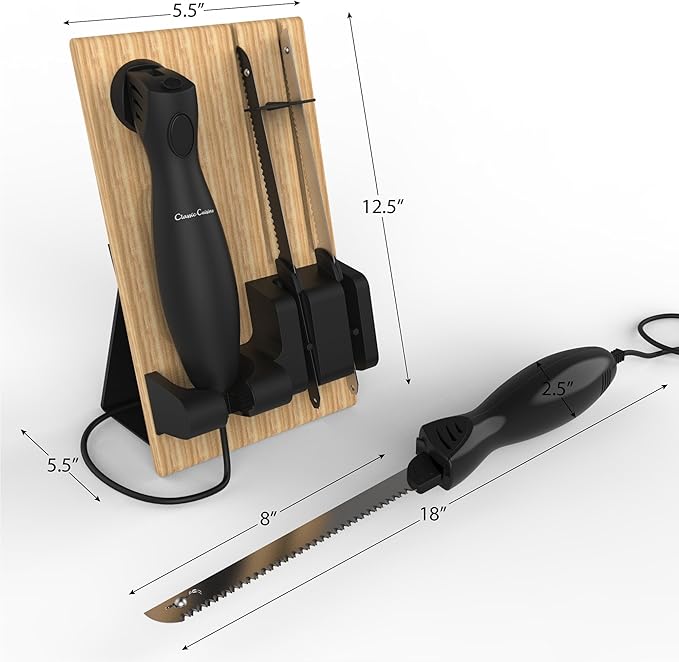 Electric Carving Knife Set - 2 Stainless-Steel Blades, Comfort Grip Handle, and Wood Storage Block for Slicing Bread, Meat and More by Classic Cuisine