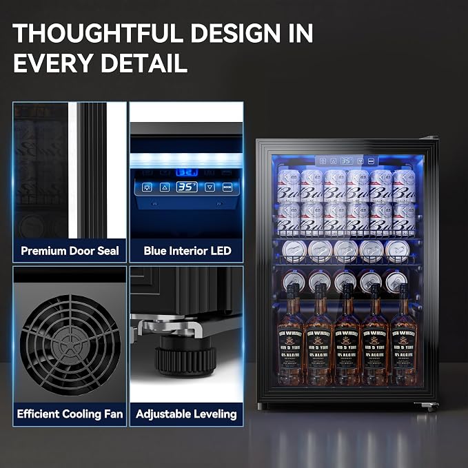 Tehanld 2.5 Cu.Ft Wine Fridge, Beverage Fridge With Glass Door, Wine Cooler Refrigerator, Beverage Drink Beer Cooler, Adjustable Shelves & Digital Temperature Display, 22 Bottle 95 Can