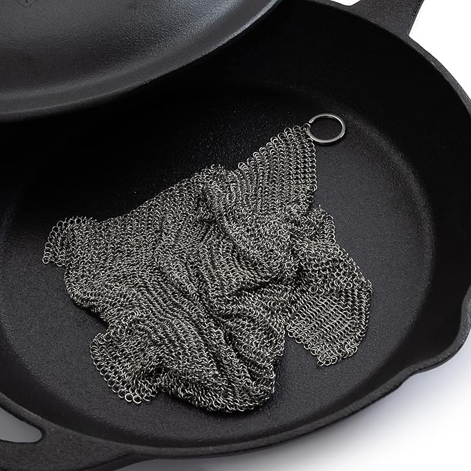 Barebones Fine Stainless Steel Cleaning Mesh Scrubber - Cast Iron Cleaner - Grill Accessories, Scrub Brush, Cast Iron Brush, Chainmail Skillet Cleaner