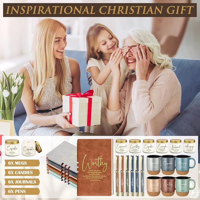 FillTouch 6 Set Christian Gifts for Women Men 15 oz Ceramic Bible Verses Coffee Mug A6 Leather Journal with Pen and Scented Candle Religious Gift for Pastor Church Sunday School(Vivid Color)