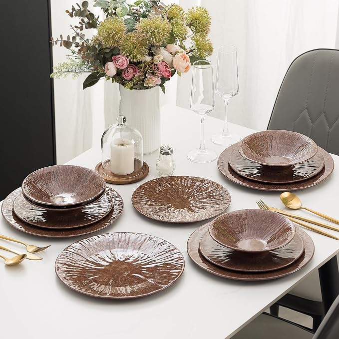 MissYIP 12 Pcs Unbreakable Dinnerware Set - Service for 4, Dishwasher Safe Plates and Bowls - Ideal for Party, Camping, Indoor & Outdoor Use (Brown)