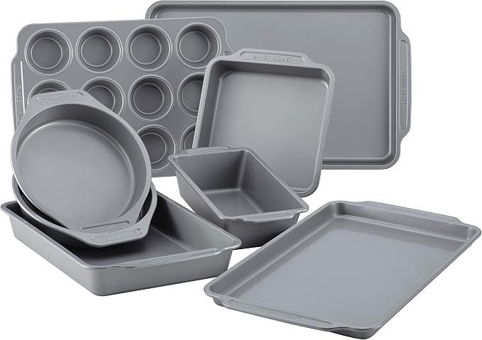 Farberware Nonstick Bakeware Set Includes Cookie Sheets/Baking Cake Muffin and Bread Pan, 8 Piece, Gray