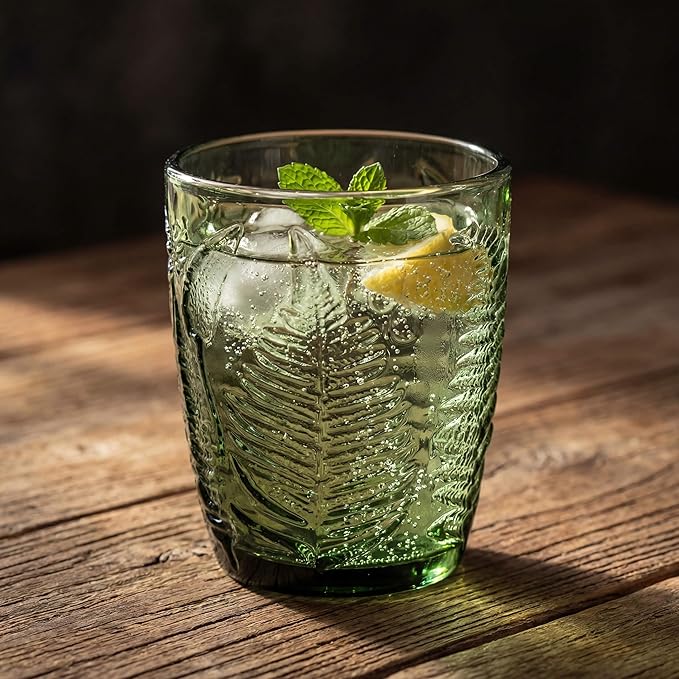Green Drinking Glasses Set of 4, 10 oz Hand-Pressed Old Fashioned Glass Cups, Fern Textured Retro Lowball Tumblers, Vintage Glassware for Water, Whiskey, Wine, Cocktails & Juice, Housewarming Gift Set