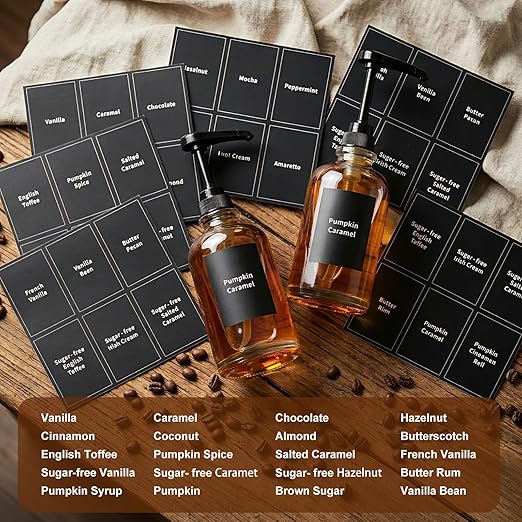 Coffee Bar Accessories, 4 Pack 16.9oz/500ml Coffee Syrup Dispenser with 1/4oz Pump, 2-tier Syrup Rack Organizer, Labels, Straw Brushes, Funnels for Kitchen Countertop, Wine, Dressing Storage