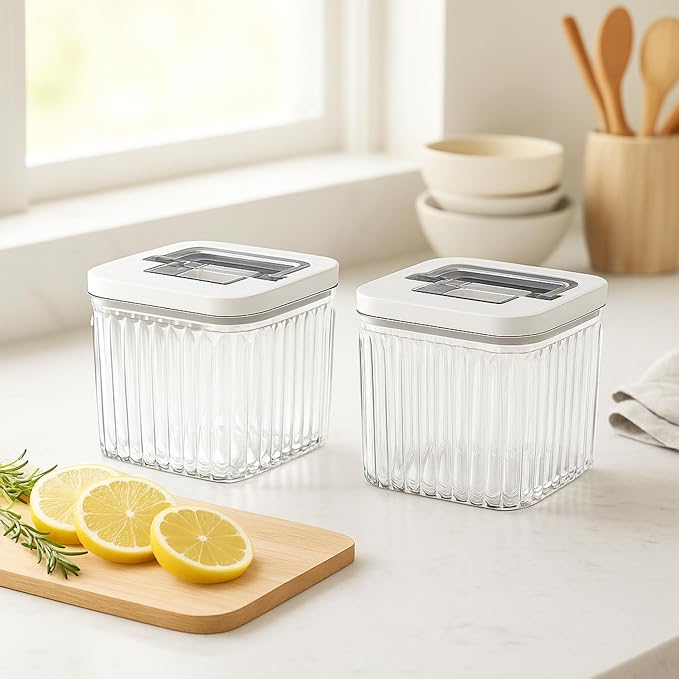 Oggi Airtight Clear Fluted Canister Set of 6 - Stackable Food Storage Containers with Lids, Vintage Modern Farmhouse Style, Kitchen Counter & Pantry Organization, Size - 6 x 40.5 fl oz / 1.2 Lt