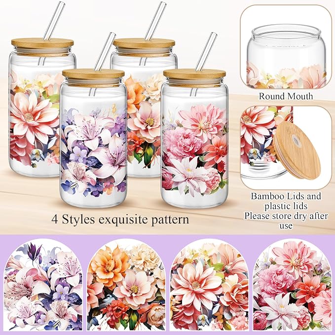 Mumufy 4 Pack Wildflower Glass Cups Gift Aesthetic Cute Glass Cup Tumbler Flower Iced Coffee Mugs 16 oz with Bamboo Lid & Straw, for Wedding Birthday Bridesmaid Mom Baby Shower