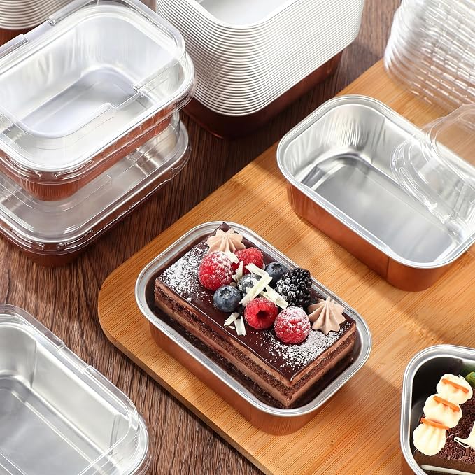 Vesici 100 Sets Mini Loaf Pans with Lids, 5.7 oz Disposable Aluminum Foil Baking Cups, Rectangle Cake Pans for Baking Storage Birthday Party(Champagne)