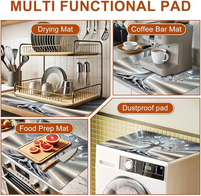 HOMETITUTE Silver Tree Stove Top Covers Pad Kitchen Decorations Dish Drying Mat 28 x 20 inches Tree of Life Coffee Bar Mats Absorbent Pad Fit Coffee Maker Machine Dish Drying Kitchen Decor