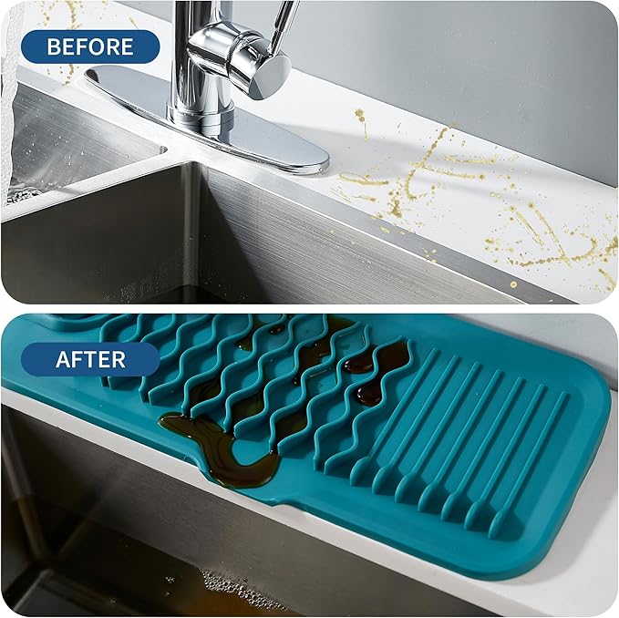 24inch Kitchen Sink Splash Guard Green Draining Mat Dish Drying Mats Sponge Holder and Bathroom Countertop Protect Kitchen Sink Splatter Screen Faucet Splash Guard Faucet Air Drying Mat