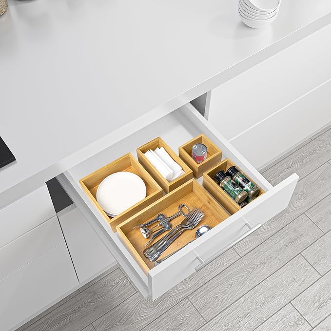 VaeFae 5 PCS Bamboo Drawer Organizers Set, 5-size Organizer Box, Storage Bins for Kitchen, Bathroom, Office, Bedroom and Living Room
