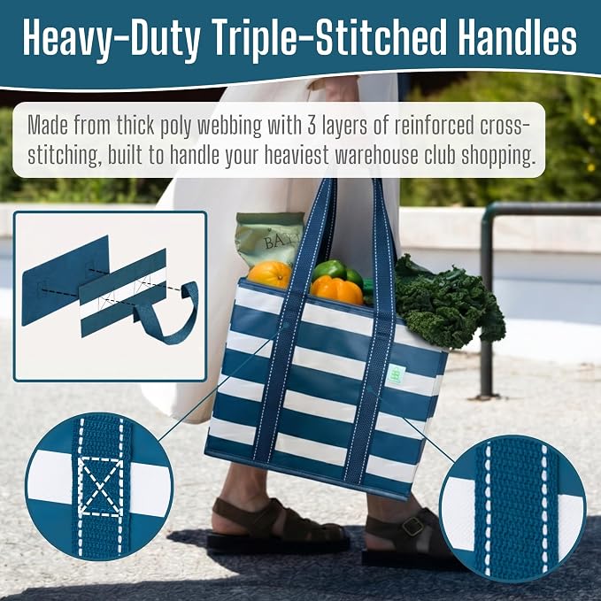 VENO 3 Pack Reusable Grocery Bags, Shopping Bags for groceries, Utility Tote with Handles and Hard Bottom, Foldable Shopping Cart Organizer, Heavy-Duty (Classic Navy, 6 Gallon-3 Pack)
