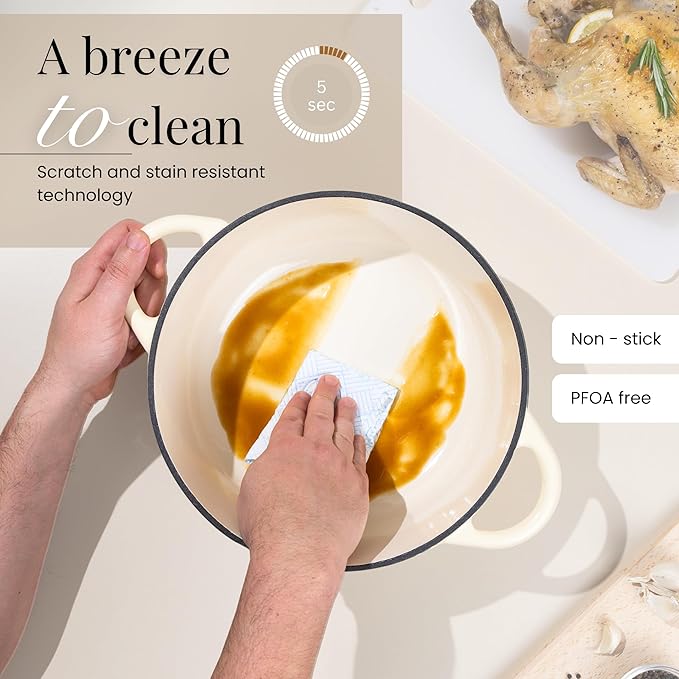 Cast Iron Dutch Oven with Lid-Non-Stick Ovenproof Enamelled Casserole Pot - Sturdy Dutch Oven Cookware-Cream, 7.3- Quart, 30cm- by Nuovva