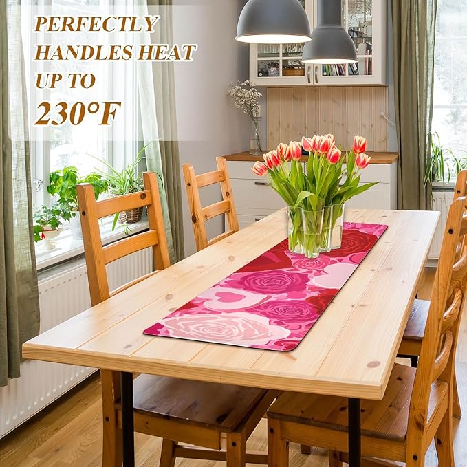 2 in 1 Table Runner Trivet for Hot Pots and Pans Heat Resistant Non Slip Waterproof 39 x 12 Inch Decorative Table Protector for Kitchen Countertop Pink Hearts Roses Red Petals