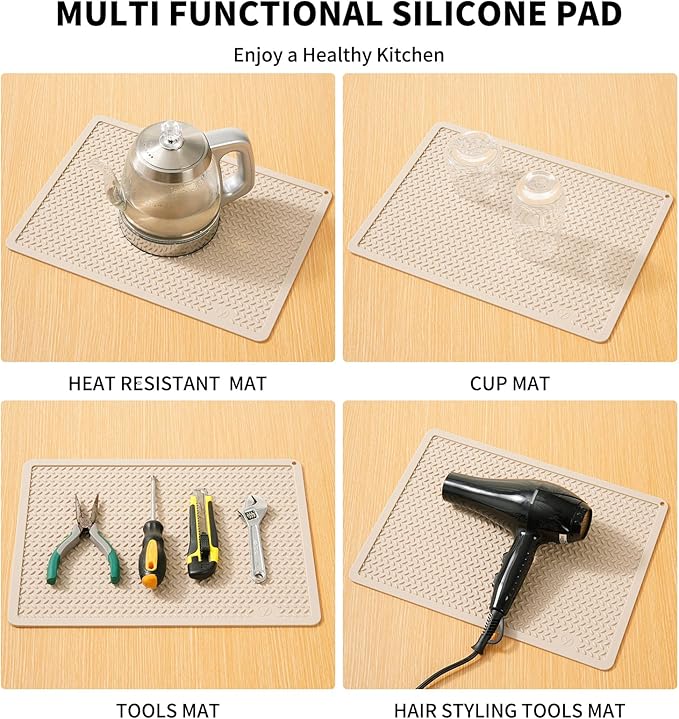 Silicone Drying Mat & Heat Resistant Mat for Kitchen Counter, Non-Slip Dishwasher Safe, Raised Edge for Dishes Bottles Sink (25.5x17.7in, Beige)